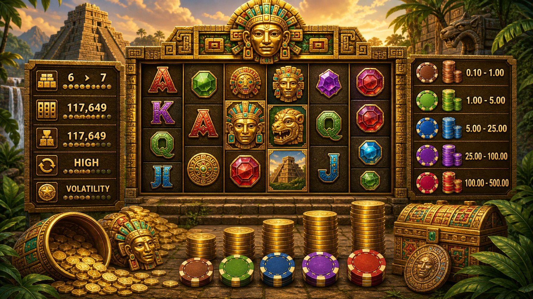 An AztecThemed Slot Machine Surrounded By Jungle Scenery And Symbols Representing Different Betting Amounts.