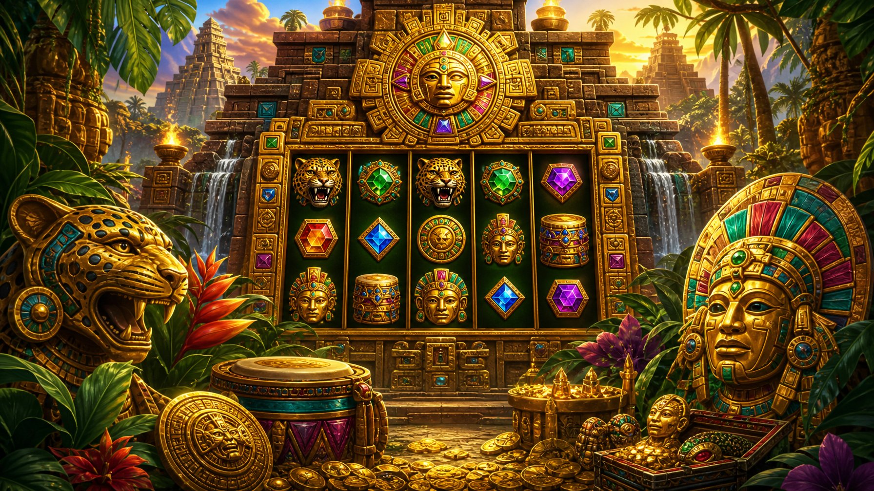 An Ancient Aztec Temple Surrounded By Jungle Plants And Decorated With Golden Carvings, Gemstones, And Traditional Aztec Symbols.