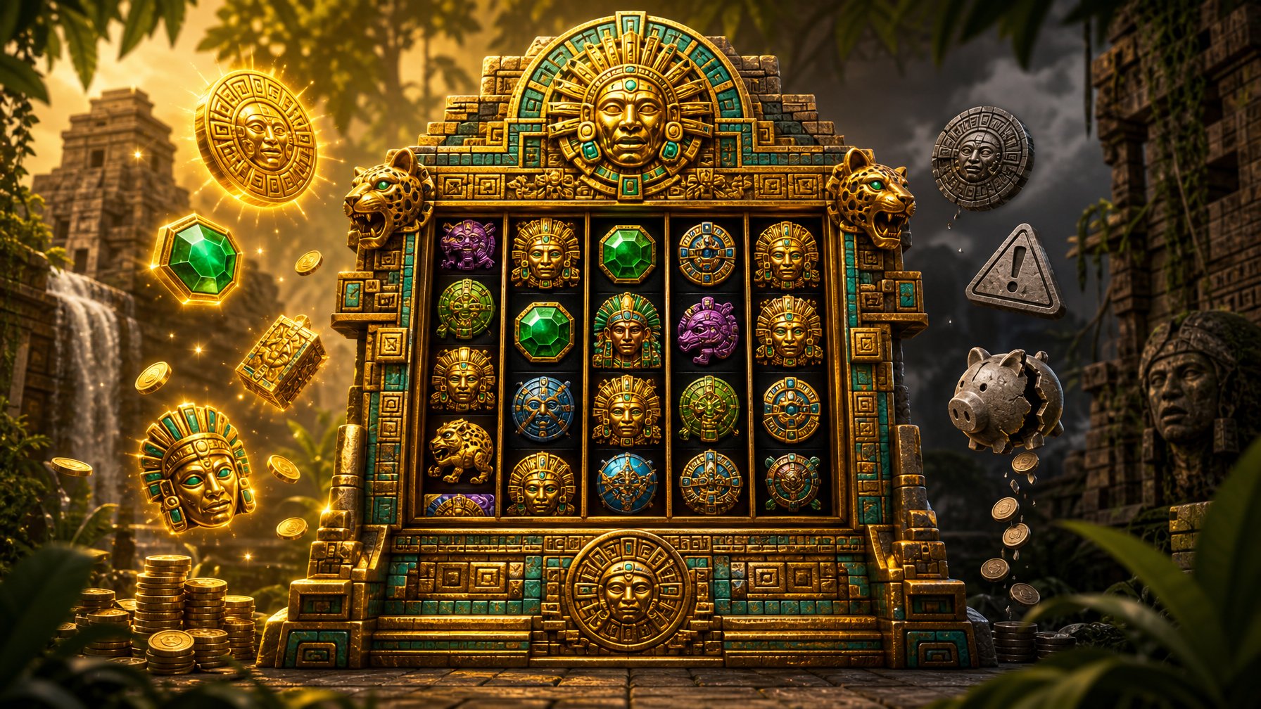An AztecThemed Slot Machine Surrounded By Jungle Ruins With Symbols Representing Rewards And Challenges.