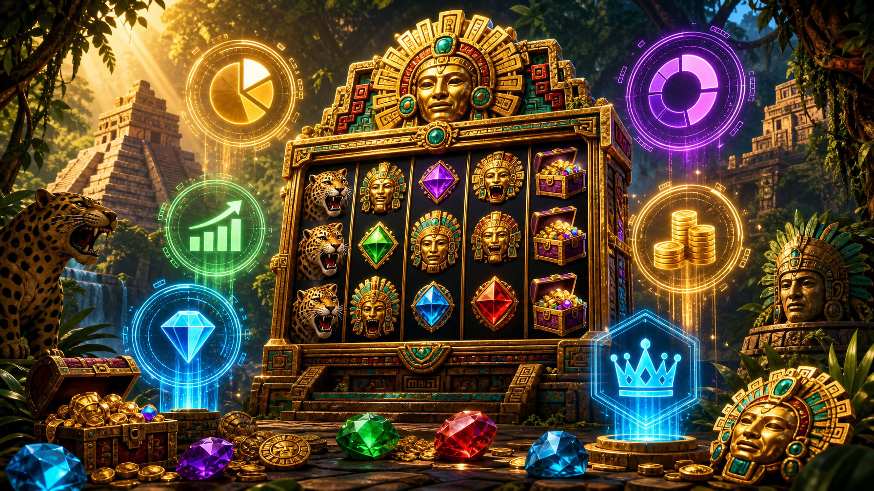 An Illustration Showing An AztecThemed Slot Machine Surrounded By Golden Pyramids, Colorful Gemstones, And Jungle Foliage, With Glowing Numerical Icons Representing Game Statistics Floating Nearby.