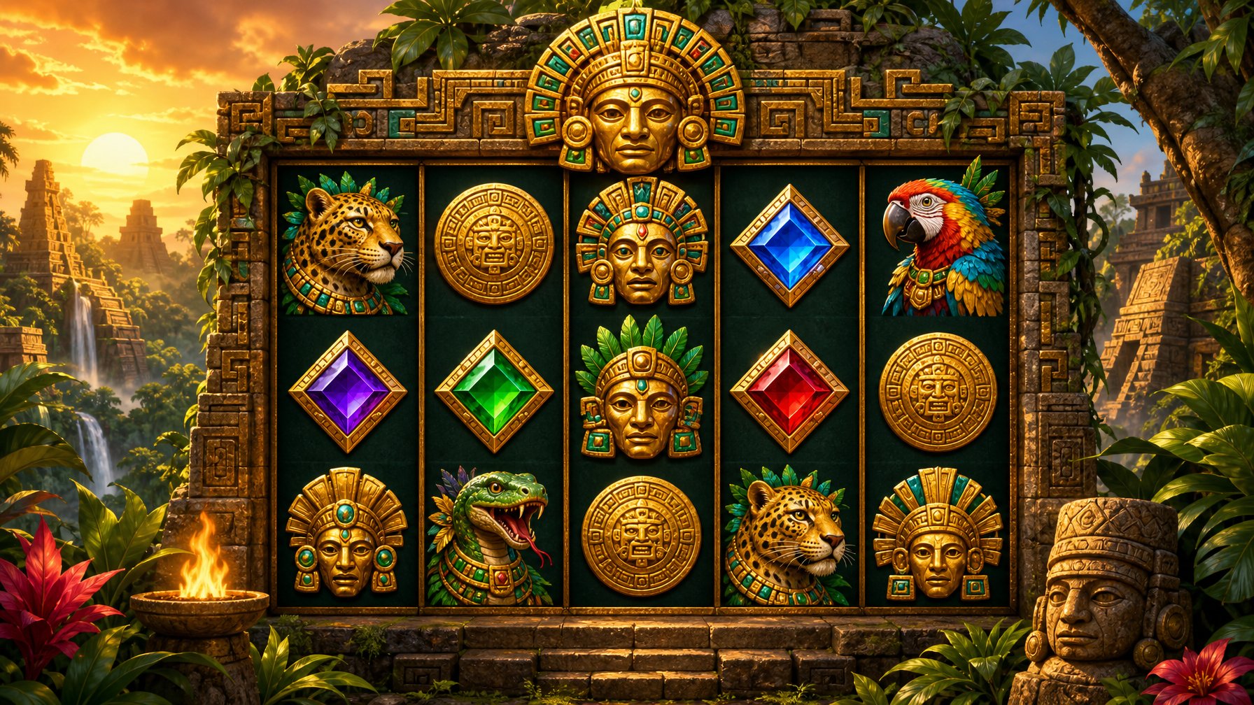An AztecThemed Slot Machine Surrounded By Jungle Plants And Ancient Stone Ruins Under A Sunrise.