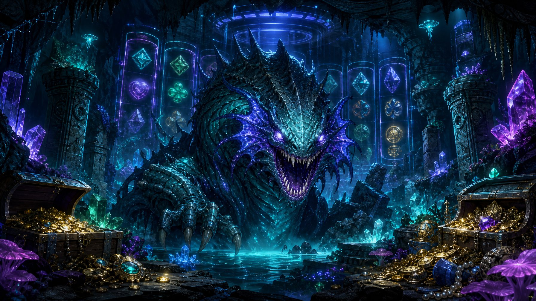 A Large Glowing Beast Emerges From An Underground Cavern Filled With Glowing Crystals, Treasure Chests, And Ancient Ruins.