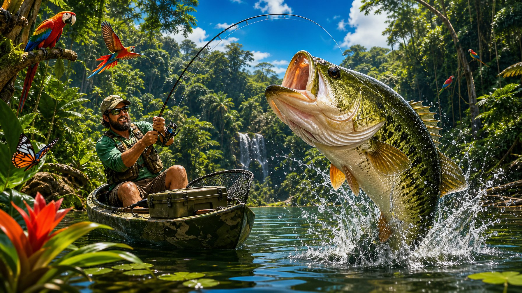 An Angler Fishing In A Lush Amazon Rainforest River, Reeling In A Large Bass Fish Leaping Out Of The Water Surrounded By Tropical Plants And Wildlife.