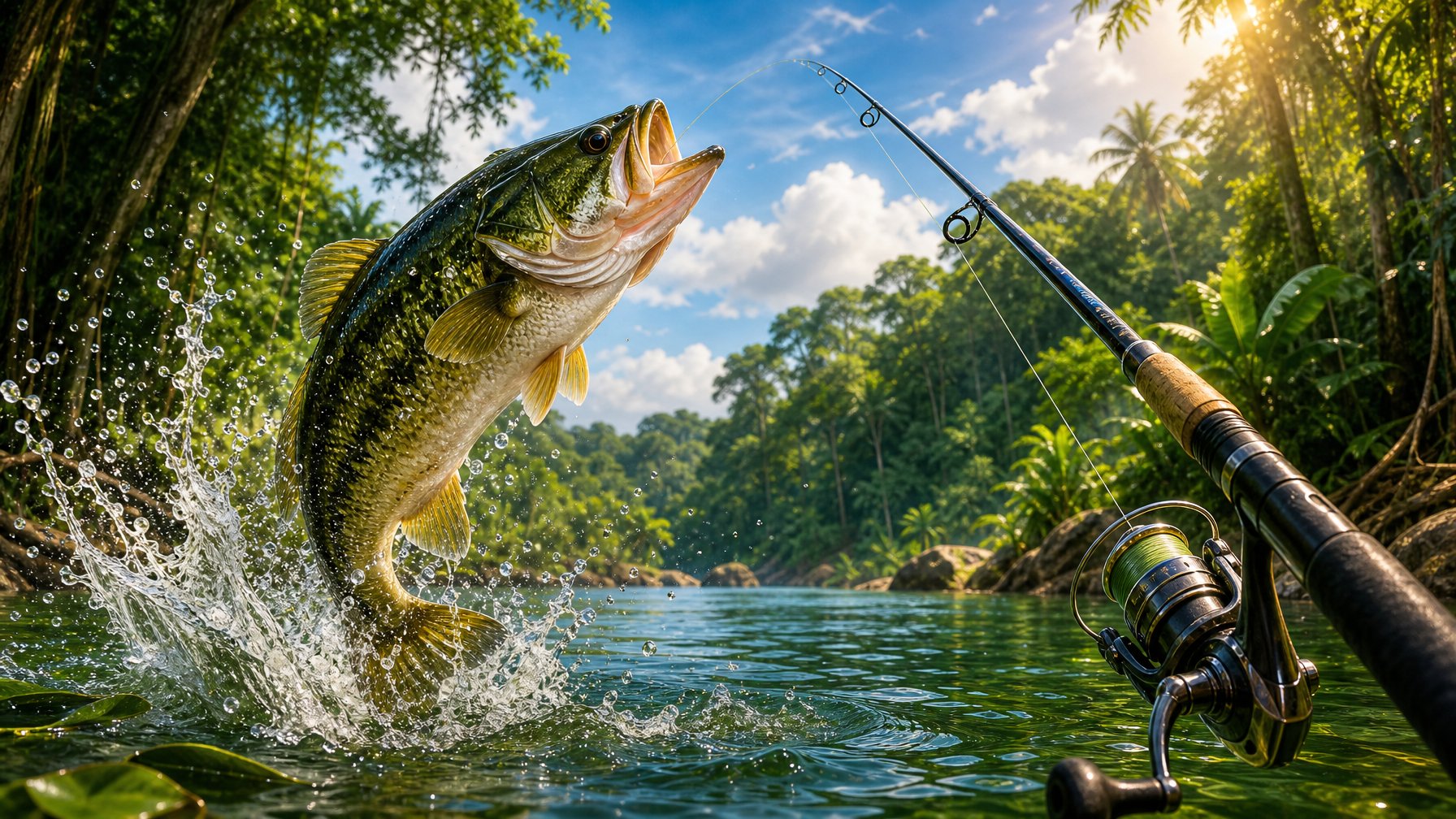 A Large Bass Fish Jumping Out Of A River In A Lush Amazon Jungle With A Fishing Rod Nearby.