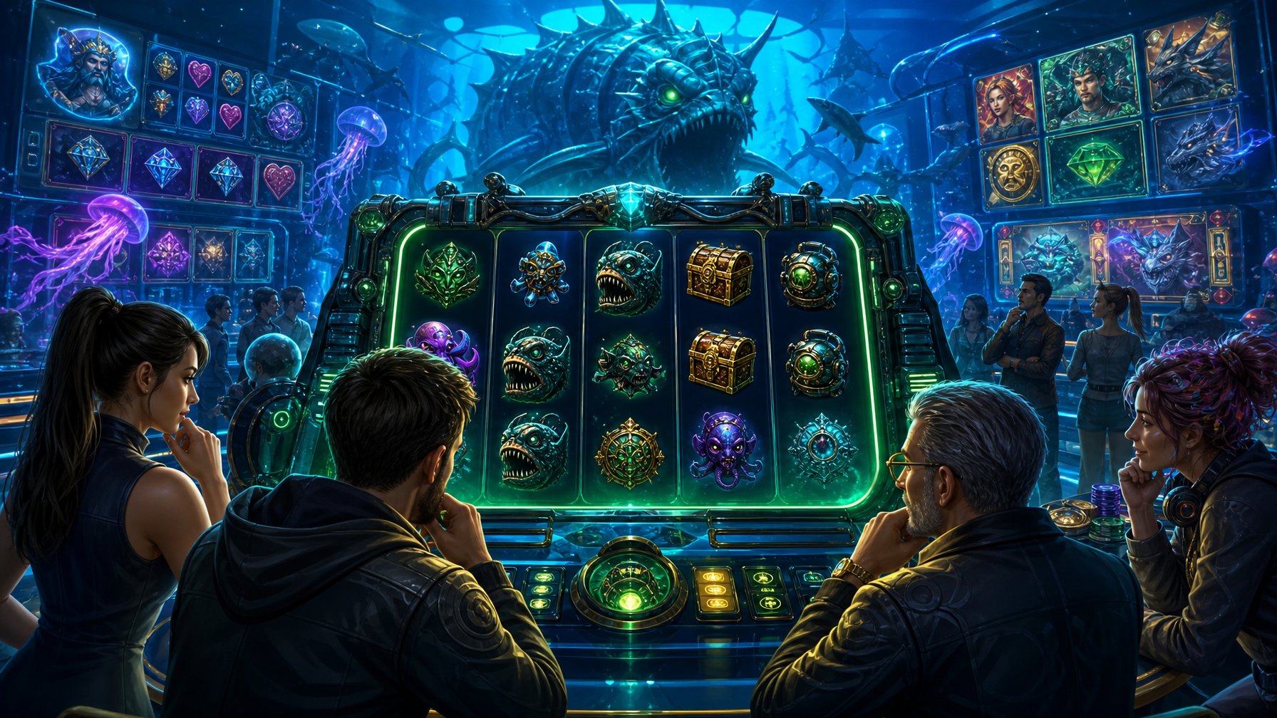 An Underwater Casino Scene Featuring A Slot Machine With SeaThemed Symbols, Surrounded By Diverse Players Considering Their Options.
