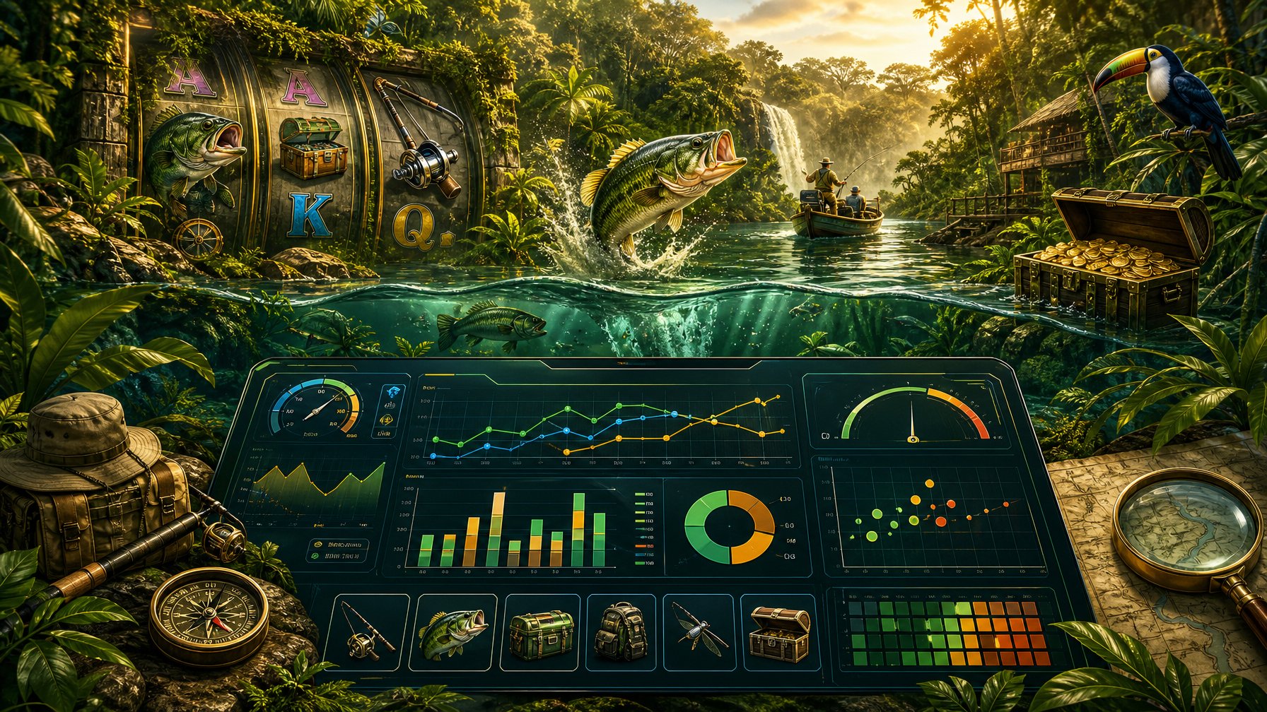 A Detailed Scene Showing A Tropical River Environment With Fishing And Slot Game Elements, Alongside A Digital Dashboard Displaying Graphs And Charts Related To Game Statistics.