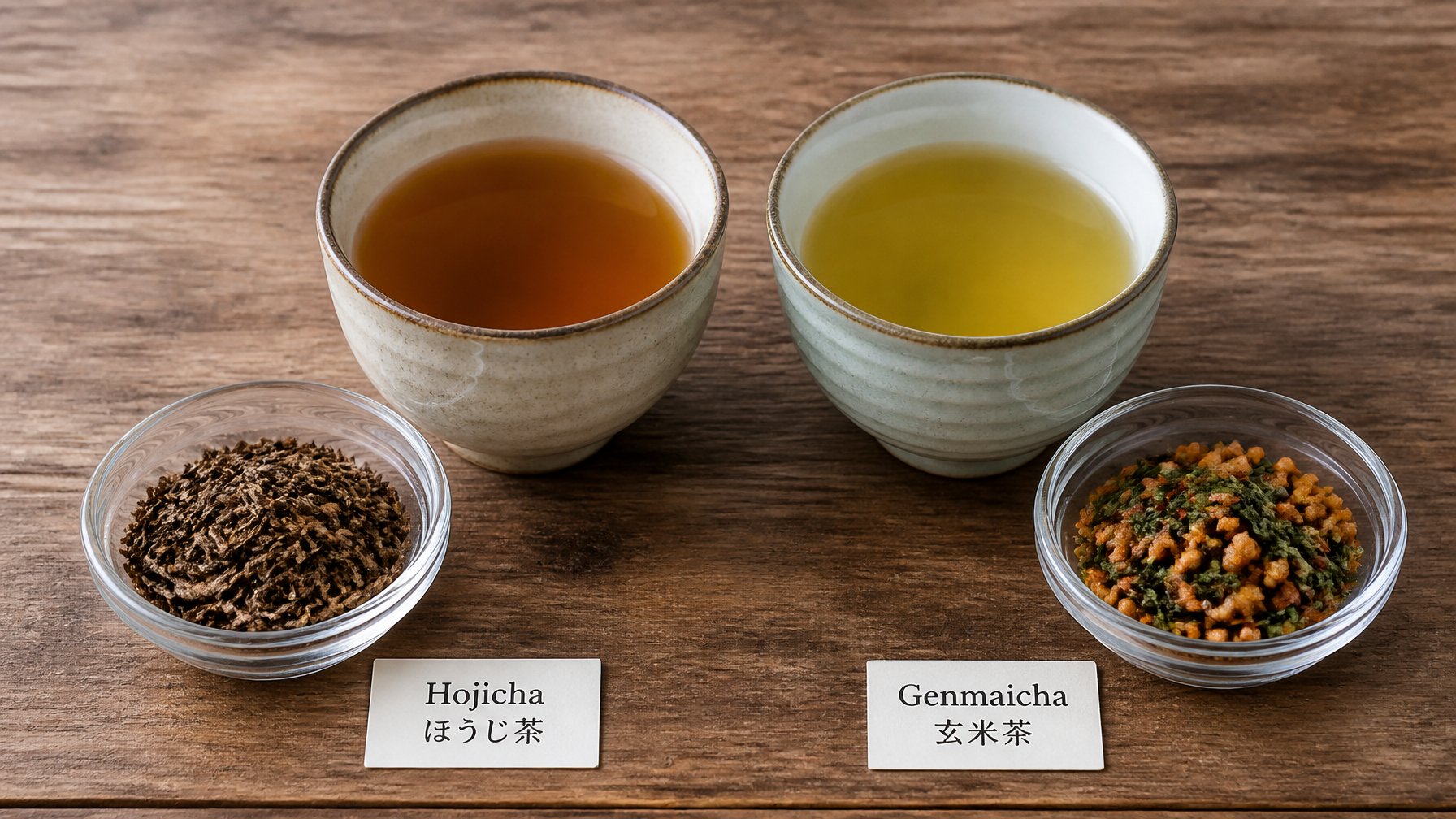 Two cups of Japanese tea on a wooden table with bowls of dry tea leaves showing hojicha and genmaicha side by side.