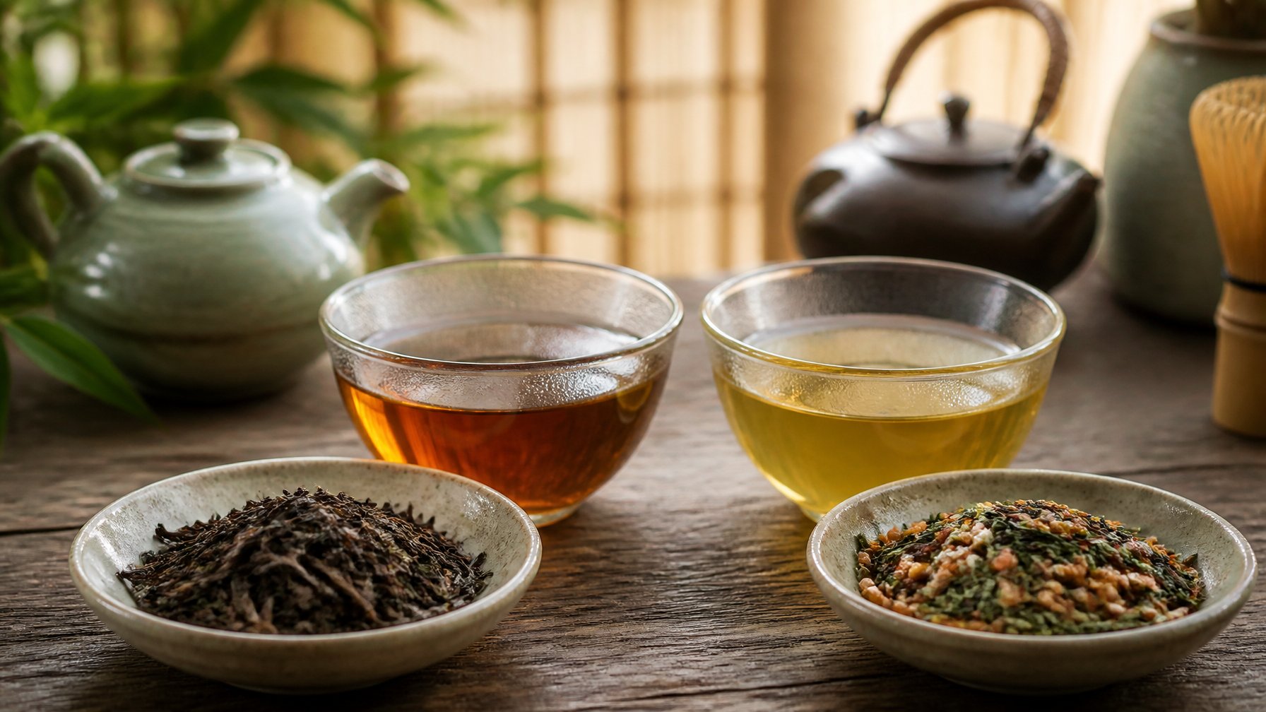 Two glass cups of hojicha and genmaicha tea on a wooden table with bowls of tea leaves and toasted rice nearby.