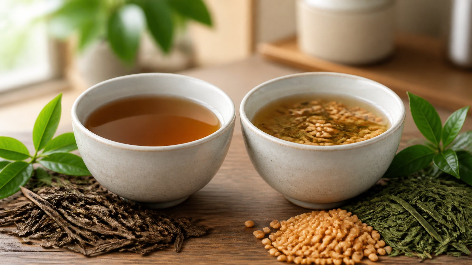 Two ceramic cups of tea on a wooden table with green tea leaves and toasted rice grains nearby.