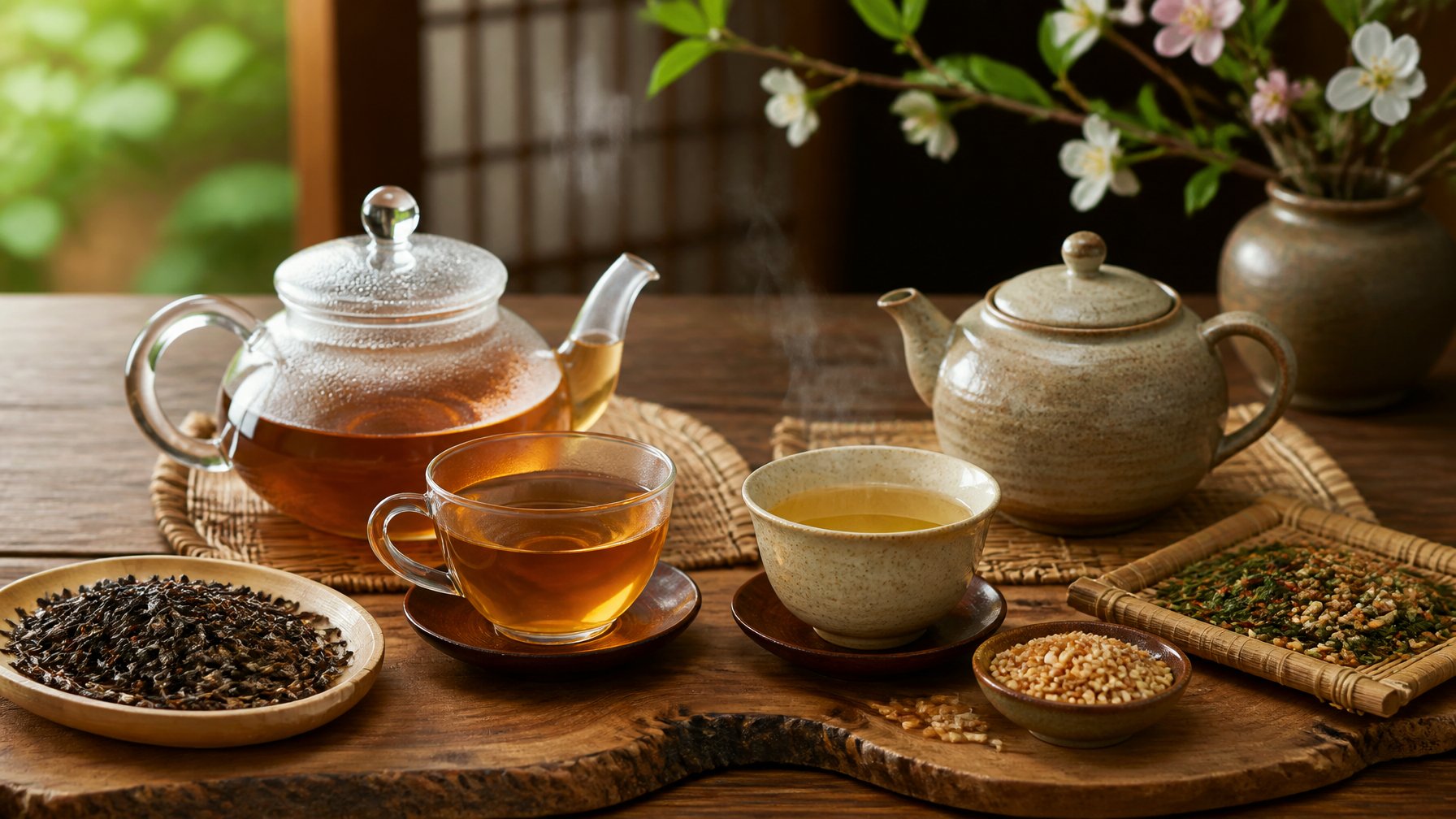 Two traditional Japanese tea setups on a wooden table, one with amber-colored hojicha tea and roasted leaves, the other with light golden genmaicha tea and toasted rice grains, with steam rising from the cups.
