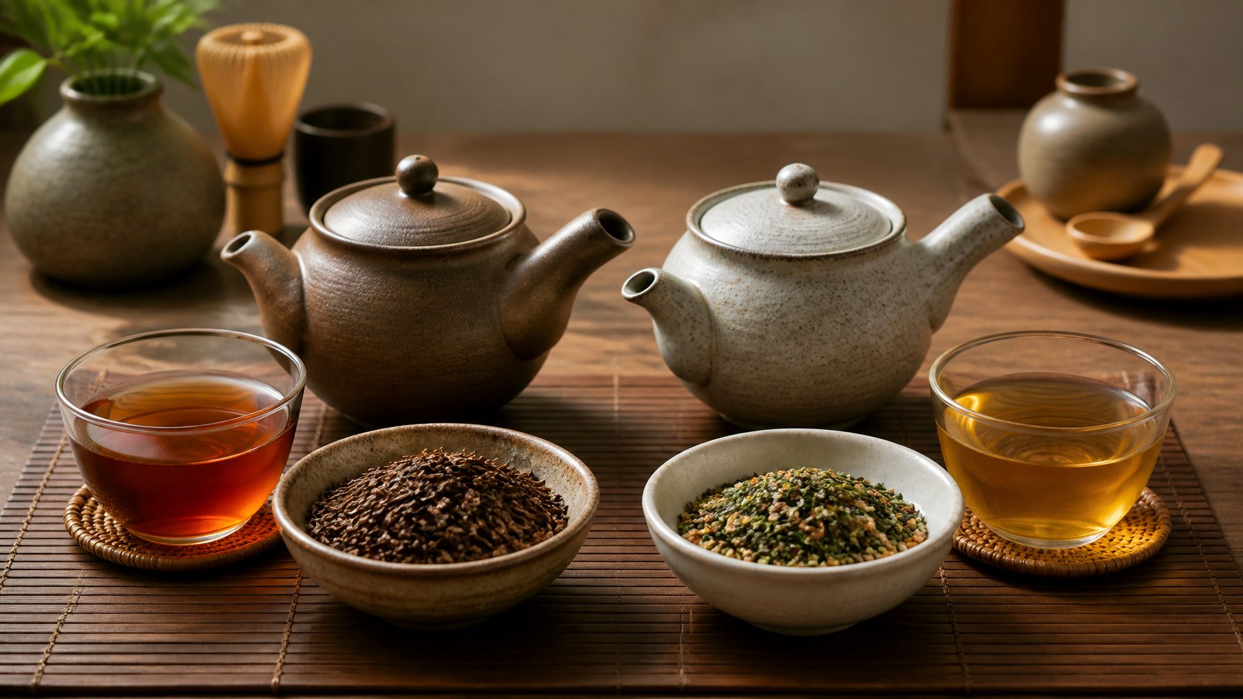 Two teapots with bowls of hojicha and genmaicha tea leaves and cups of brewed tea on a wooden table.