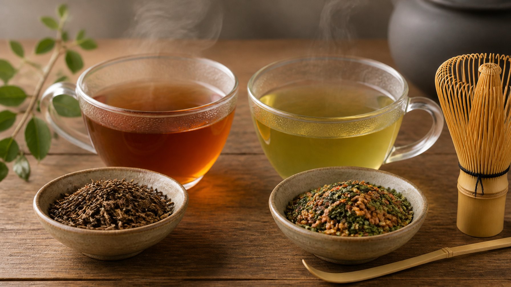 Two clear glass cups of Hojicha and Genmaicha tea on a wooden table with bowls of tea leaves and roasted rice nearby.