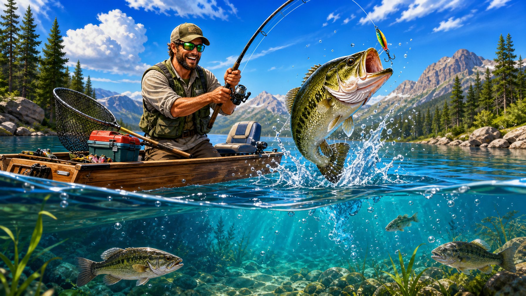 A Fisherman On A Wooden Boat In A Lake Catching A Large Bass Fish With Trees And Mountains In The Background.