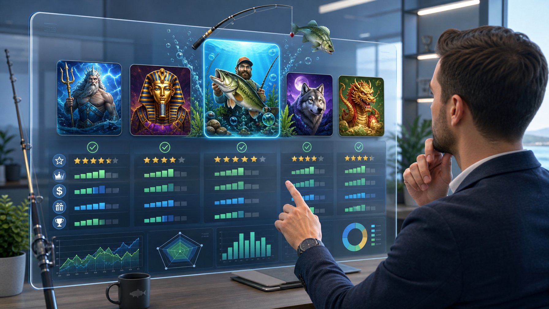 A Person Analyzing And Comparing Multiple Slot Games On A Digital Dashboard With FishingThemed Icons Around One Game, Set In A Modern Office Environment.