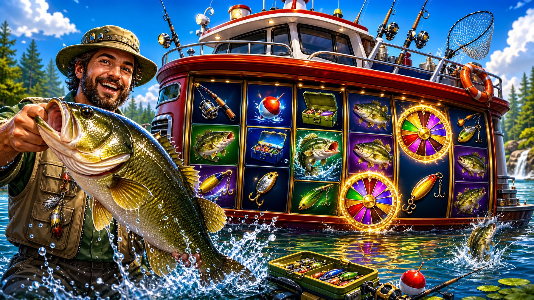 A Fisherman Holding A Large Bass Fish On A Boat With A FishingThemed Slot Machine And Spinner Wheels On A Lake Surrounded By Trees.
