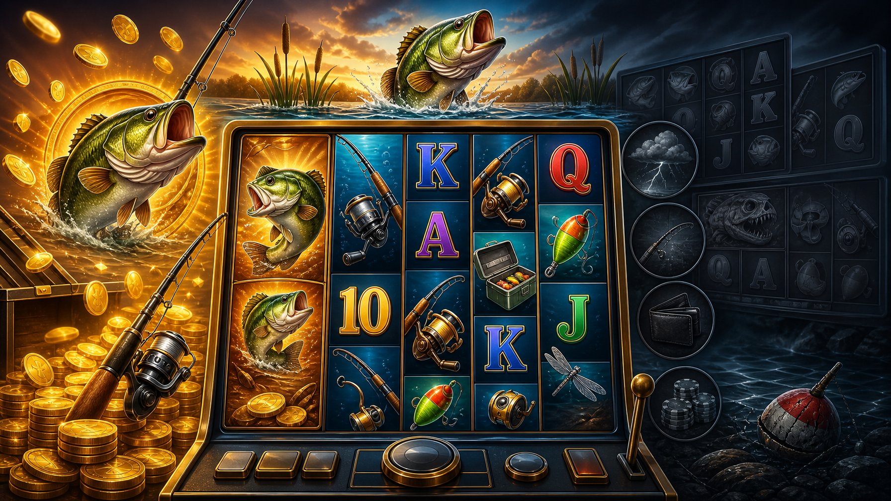 A Colorful Slot Machine With FishingThemed Symbols Spinning, Surrounded By Icons Representing Rewards And Challenges, With Faint Images Of Other Slot Games In The Background.