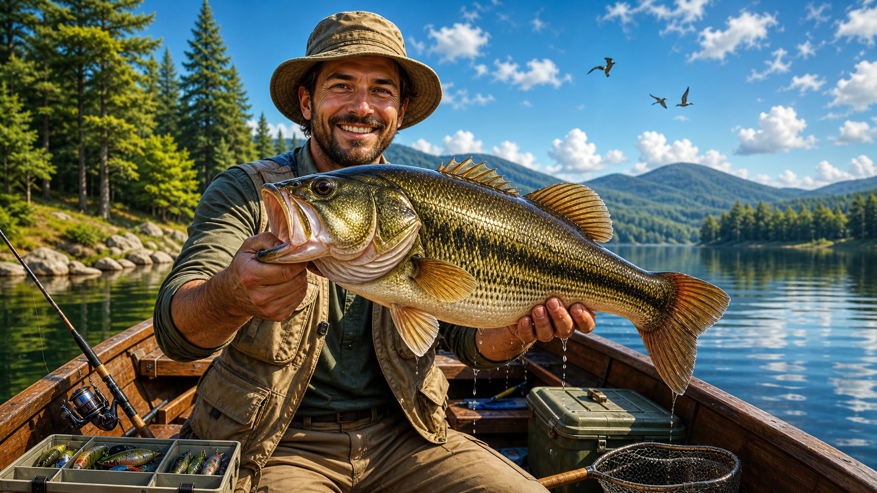 A Person Holding A Large Bass Fish While Standing In A Boat On A Calm Lake Surrounded By Trees And Hills.