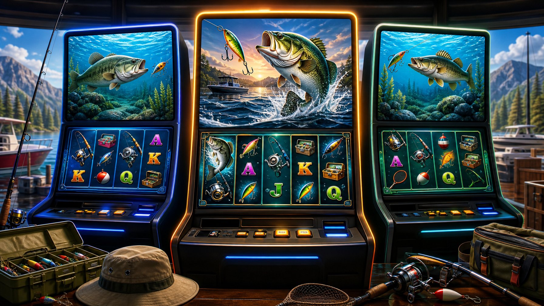 A Row Of FishingThemed Slot Machines With Underwater Scenes And A Large Bass Fish Jumping From One Screen, Surrounded By Fishing Gear And Boats.