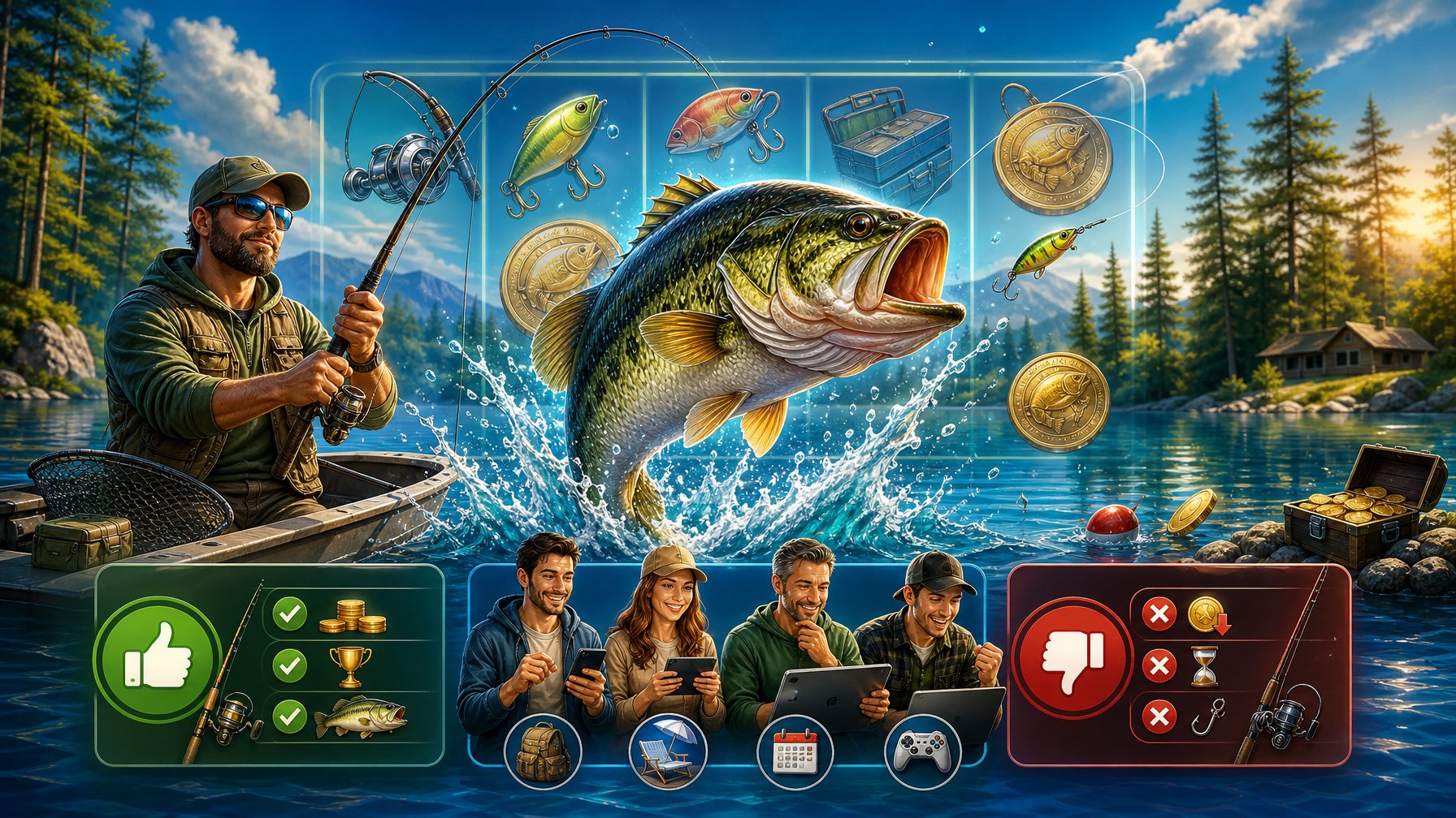 A Person Fishing By A Lake With A Large Bass Jumping Out Of The Water, Surrounded By Fishing Gear And Subtle Slot Game Elements.