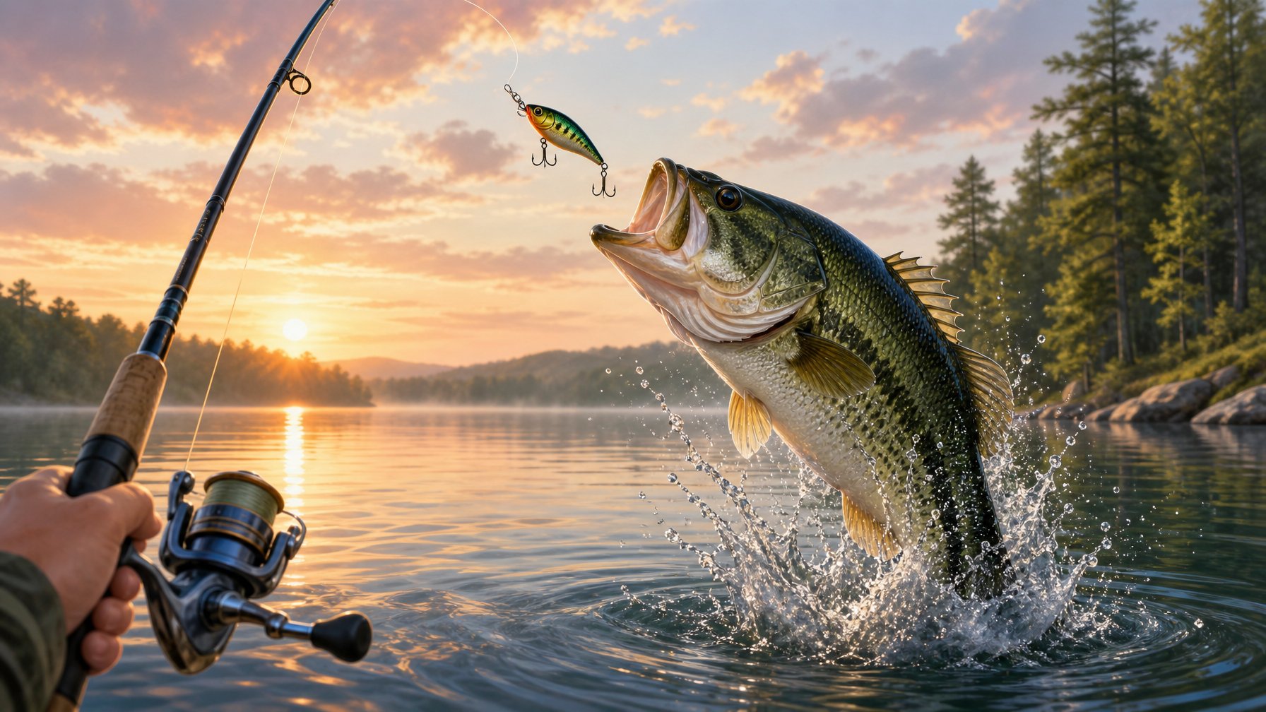 A Large Bass Fish Jumping Out Of A Calm Lake Surrounded By Trees And Hills At Dawn, With A Fishing Rod Visible In The Foreground.