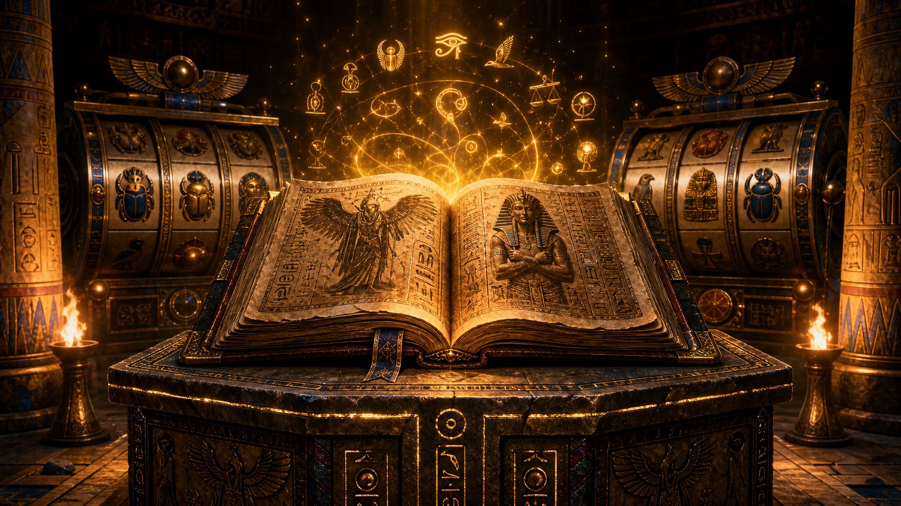 An Open Ancient Book Glowing With Golden Symbols On A Stone Pedestal Inside A Dimly Lit Temple Surrounded By Mystical Artifacts.