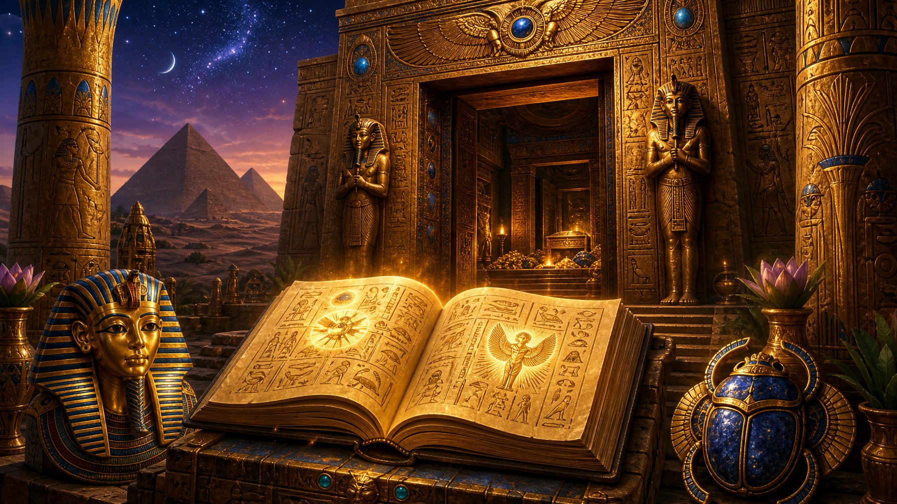 An Ancient Egyptian Tomb Entrance With An Open Glowing Book On A Pedestal, Surrounded By Egyptian Symbols And Pyramids In The Background.