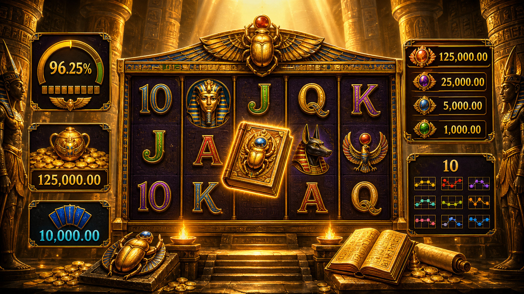 An Illustration Of An Ancient EgyptianThemed Slot Machine Surrounded By Glowing Mystical Symbols And Numbers Representing Key Game Statistics.