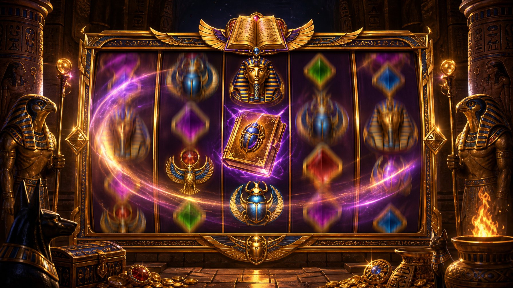 A Slot Machine With Spinning Reels Featuring Ancient Egyptian Symbols Inside A Dark Temple Decorated With Hieroglyphics And Golden Artifacts.