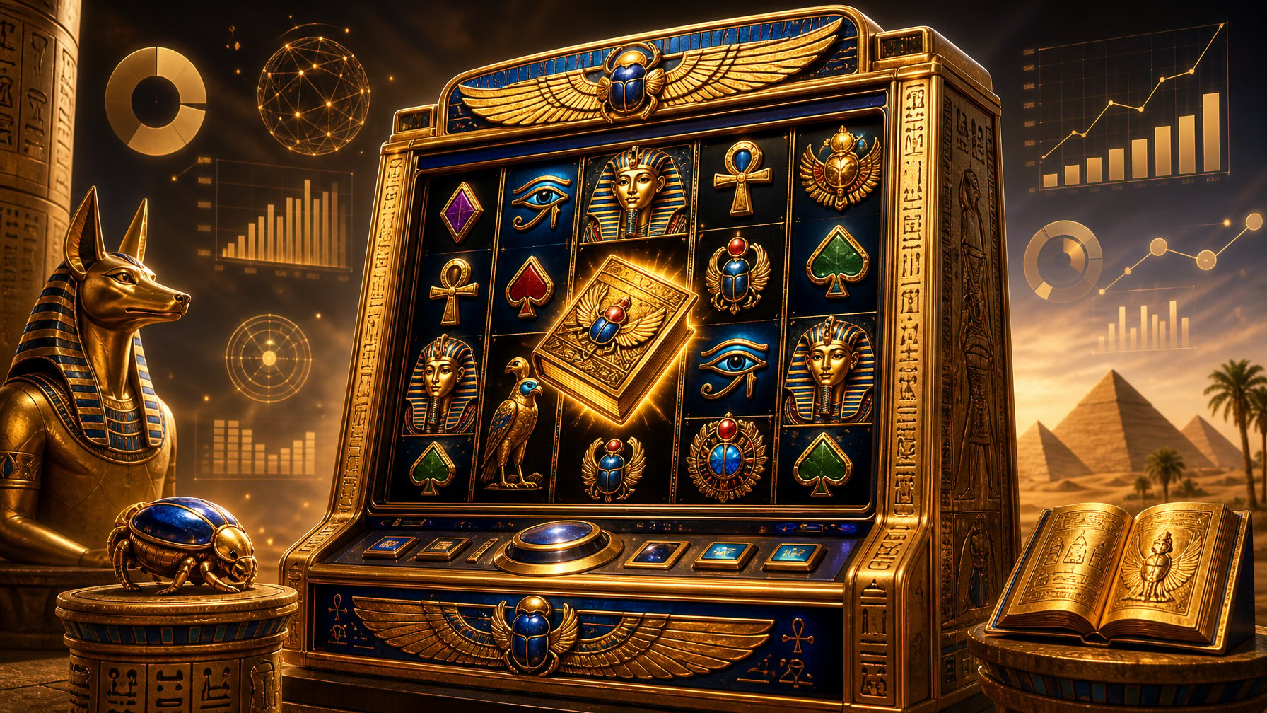 An Ancient EgyptianThemed Slot Machine Decorated With Golden Scarabs And Hieroglyphics, Surrounded By Glowing Numerical Icons And Charts.