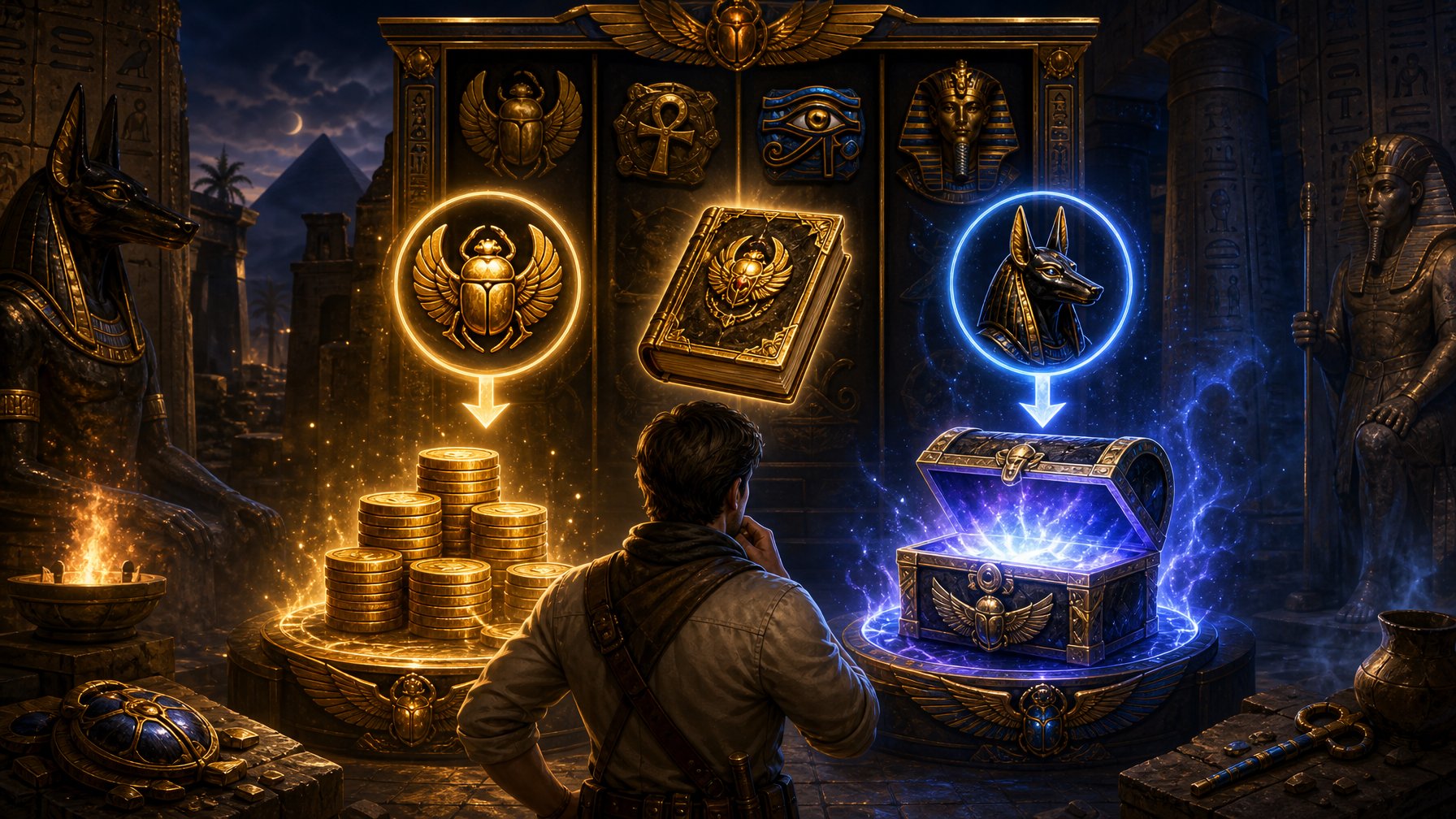 A Scene Showing A Slot Machine With Ancient Egyptian Symbols And A Player Deciding Between Gold Coins And A Glowing Treasure Chest, Representing Different Betting Options.