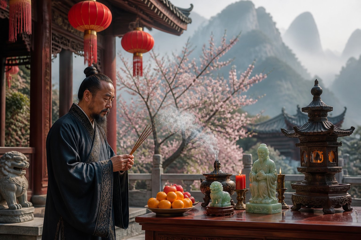 A person in traditional Chinese robes performs a ritual with incense in a temple courtyard surrounded by red lanterns, offerings, and blossoming trees.