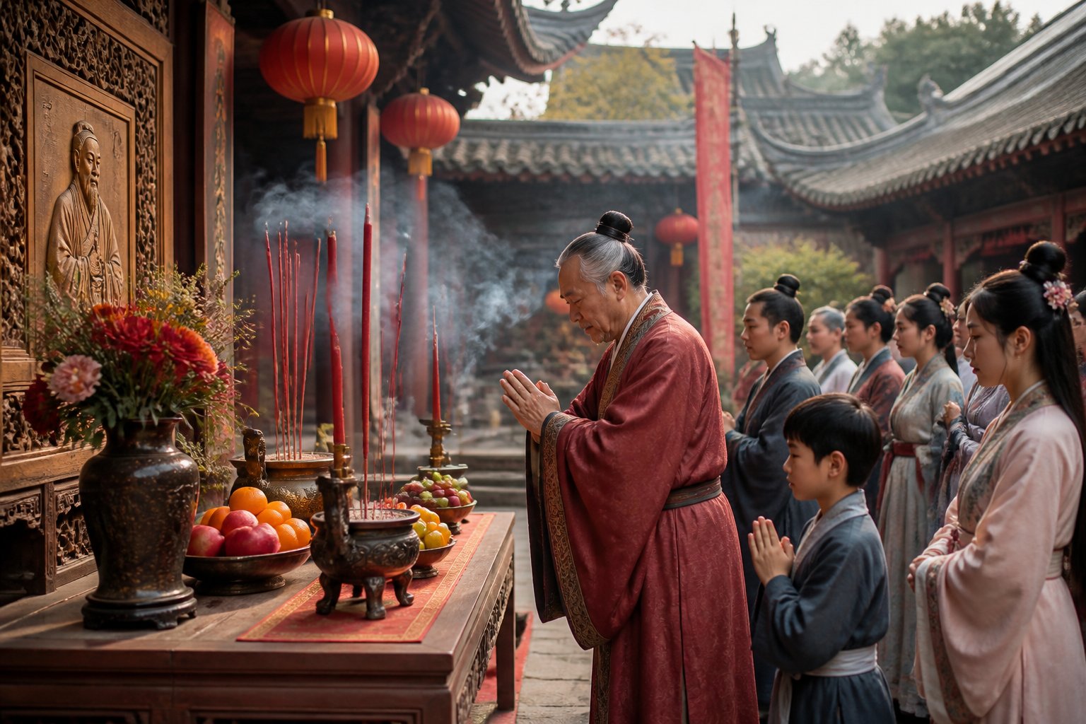 A group of people in traditional Chinese clothing performing a ritual in a temple courtyard decorated with lanterns and offerings.