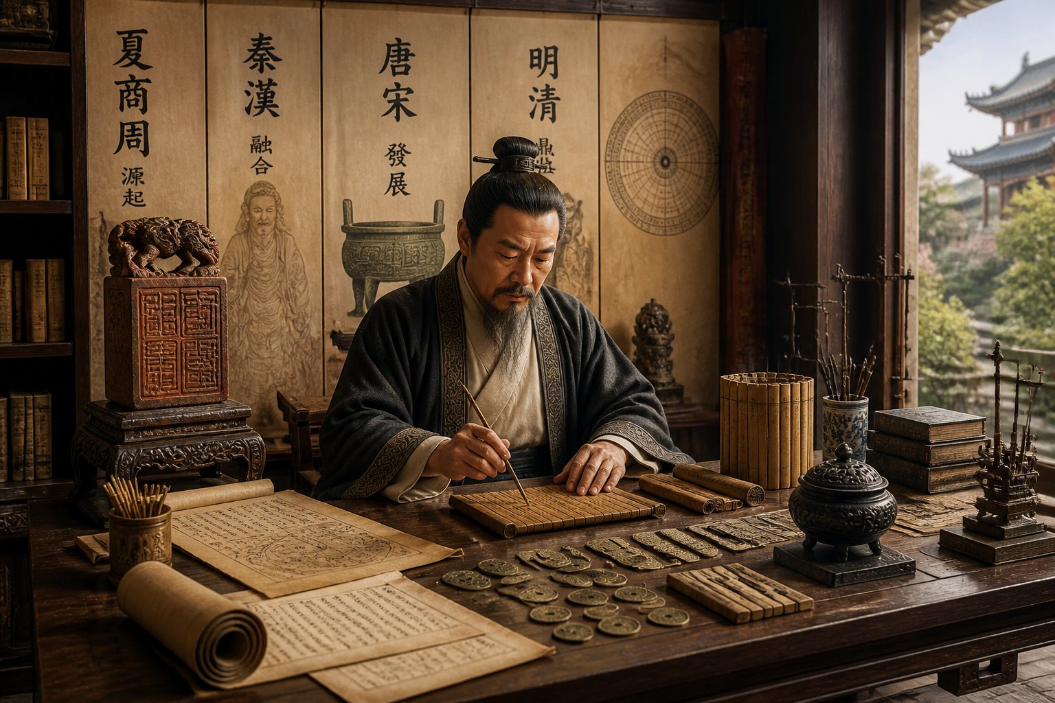 An ancient Chinese scholar in traditional robes using divination tools at a wooden table inside a study room with shelves of scrolls and a garden visible through a window.