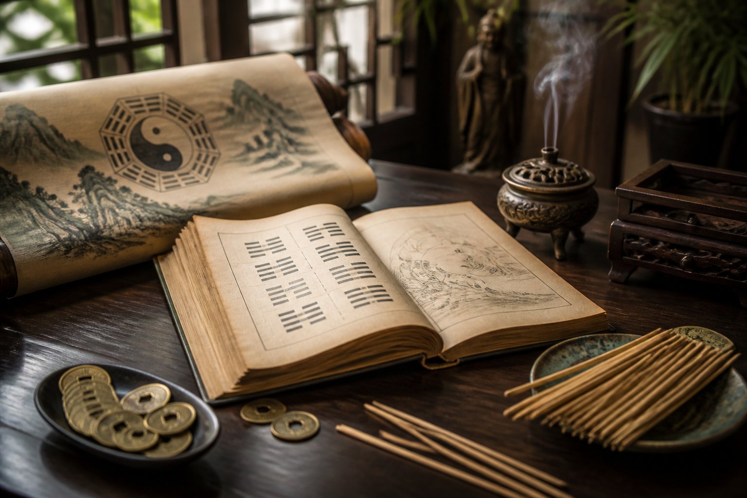 An open ancient I Ching book on a wooden table surrounded by divination tools like yarrow stalks and coins, with a silk scroll and incense burner in the background.