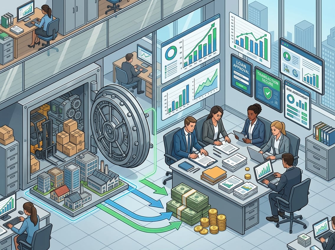 An office scene showing business people reviewing assets like machinery and real estate alongside money stacks and financial charts representing secured credit financing.