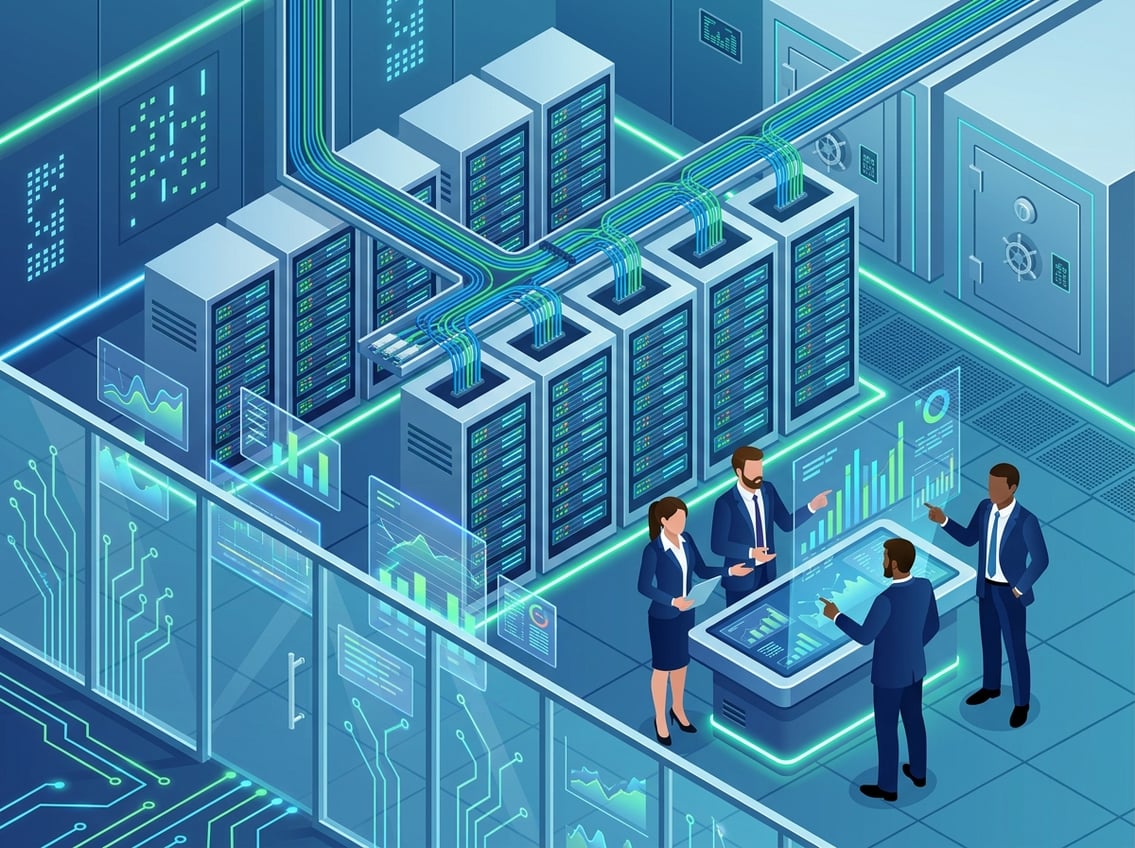 A detailed isometric view of a data center with server racks, digital financial charts, and business professionals interacting with holographic data in a high-tech environment.