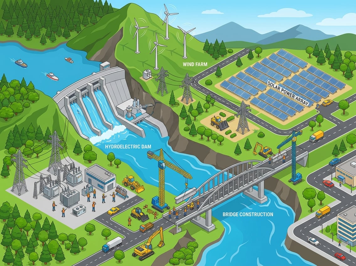 An isometric view of infrastructure and power projects including a dam, wind turbines, solar panels, a bridge under construction, and a power substation connected by roads and surrounded by greenery.