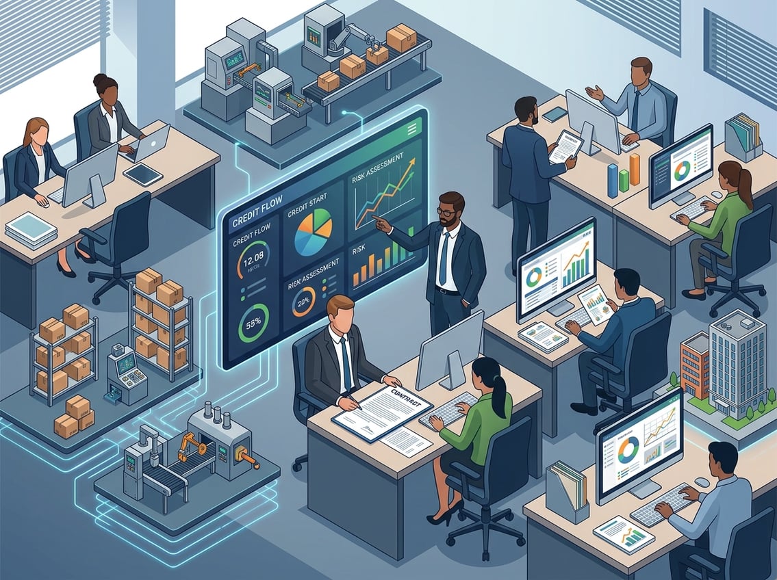 A group of professionals in an office reviewing financial documents and digital screens showing graphs and asset models representing collateral and credit financing.