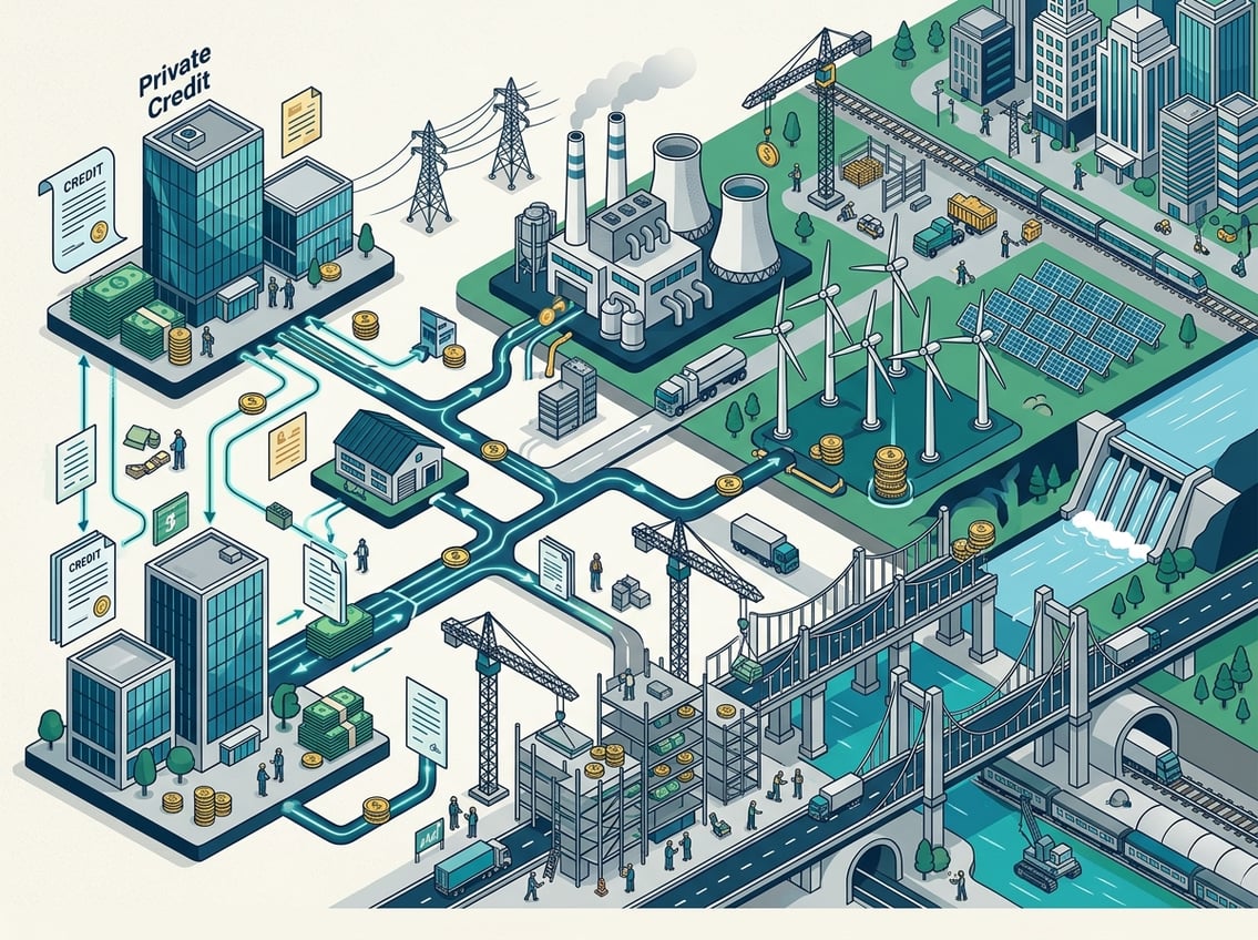 A detailed isometric illustration showing infrastructure projects like power plants, wind turbines, solar panels, and bridges alongside financial symbols representing private credit investment.