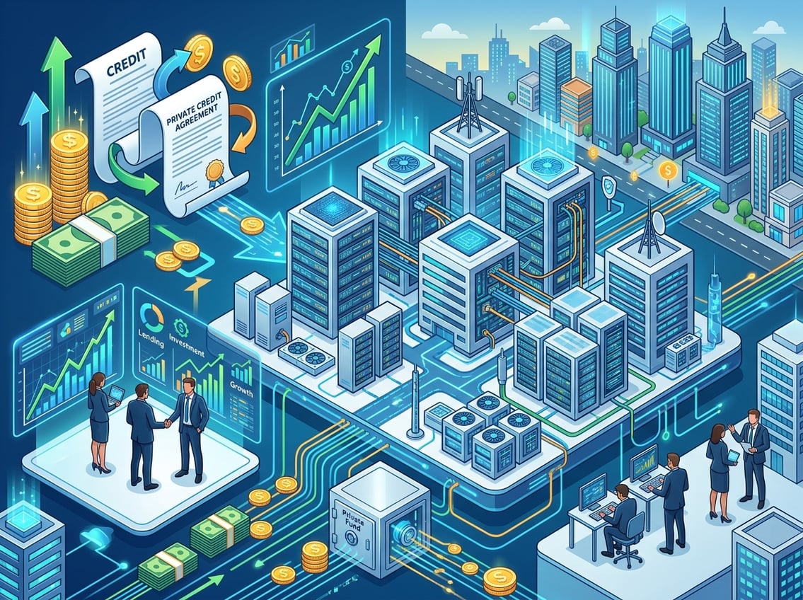 An isometric illustration showing a data center with servers, financial symbols like coins and graphs, and business people interacting with digital interfaces.