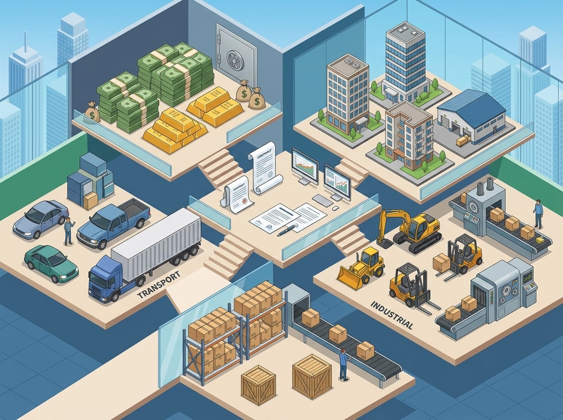 An isometric illustration showing various assets used as collateral, including cash, gold bars, buildings, vehicles, machinery, inventory boxes, and financial documents arranged in distinct sections.