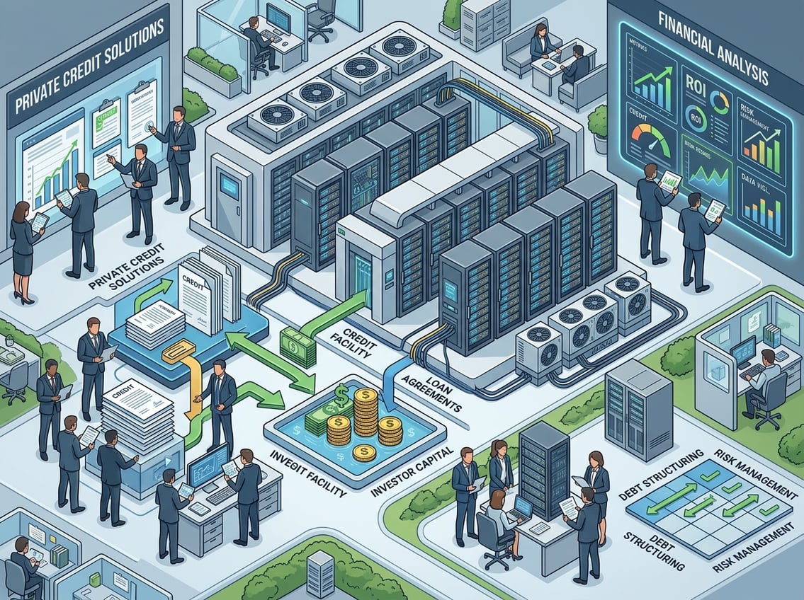An isometric illustration showing a data center with server racks surrounded by financial symbols like coins and charts, with business professionals reviewing data nearby.