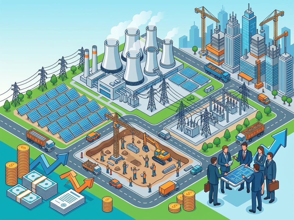 An isometric view of a power plant with solar panels and transmission lines, alongside business professionals discussing plans and symbols representing financial investment, set against a city skyline with construction cranes.