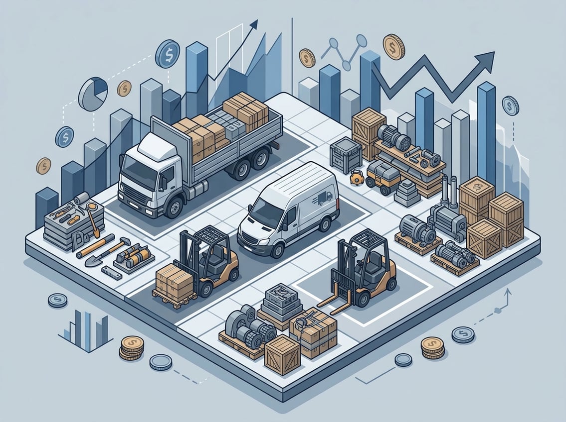 A detailed isometric illustration showing trucks, a forklift, and various equipment arranged on a grid platform with financial symbols and charts in the background.