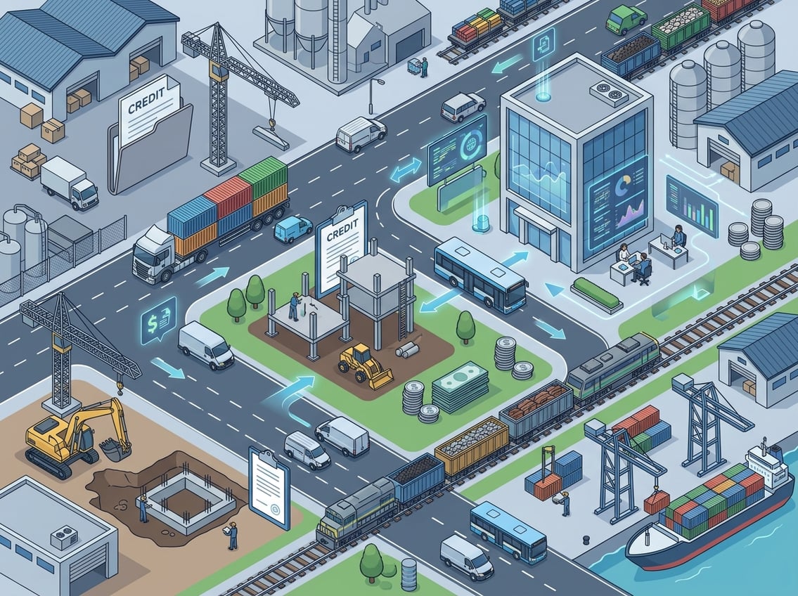 An isometric illustration showing various transportation vehicles, construction equipment, and financial symbols arranged in an urban-industrial setting representing lending and financing structures.