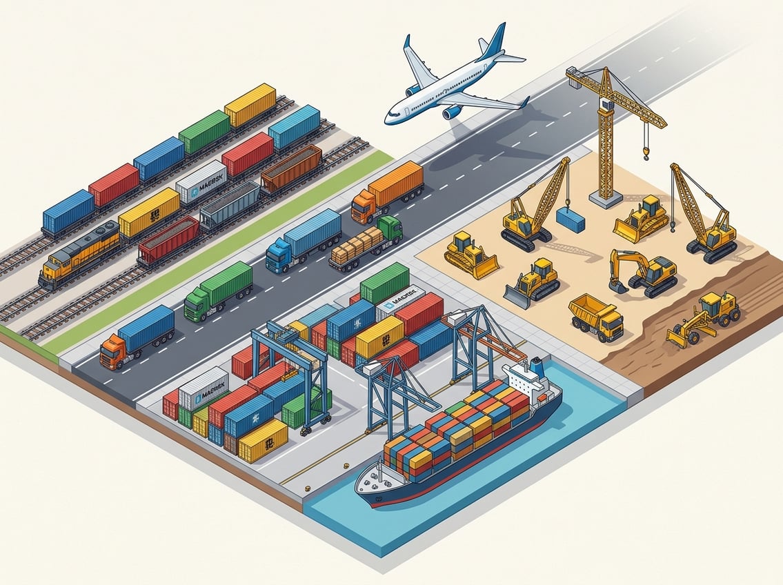 An isometric illustration showing various transportation assets including trucks, trains, airplanes, cargo ships, and construction equipment arranged on a grid.