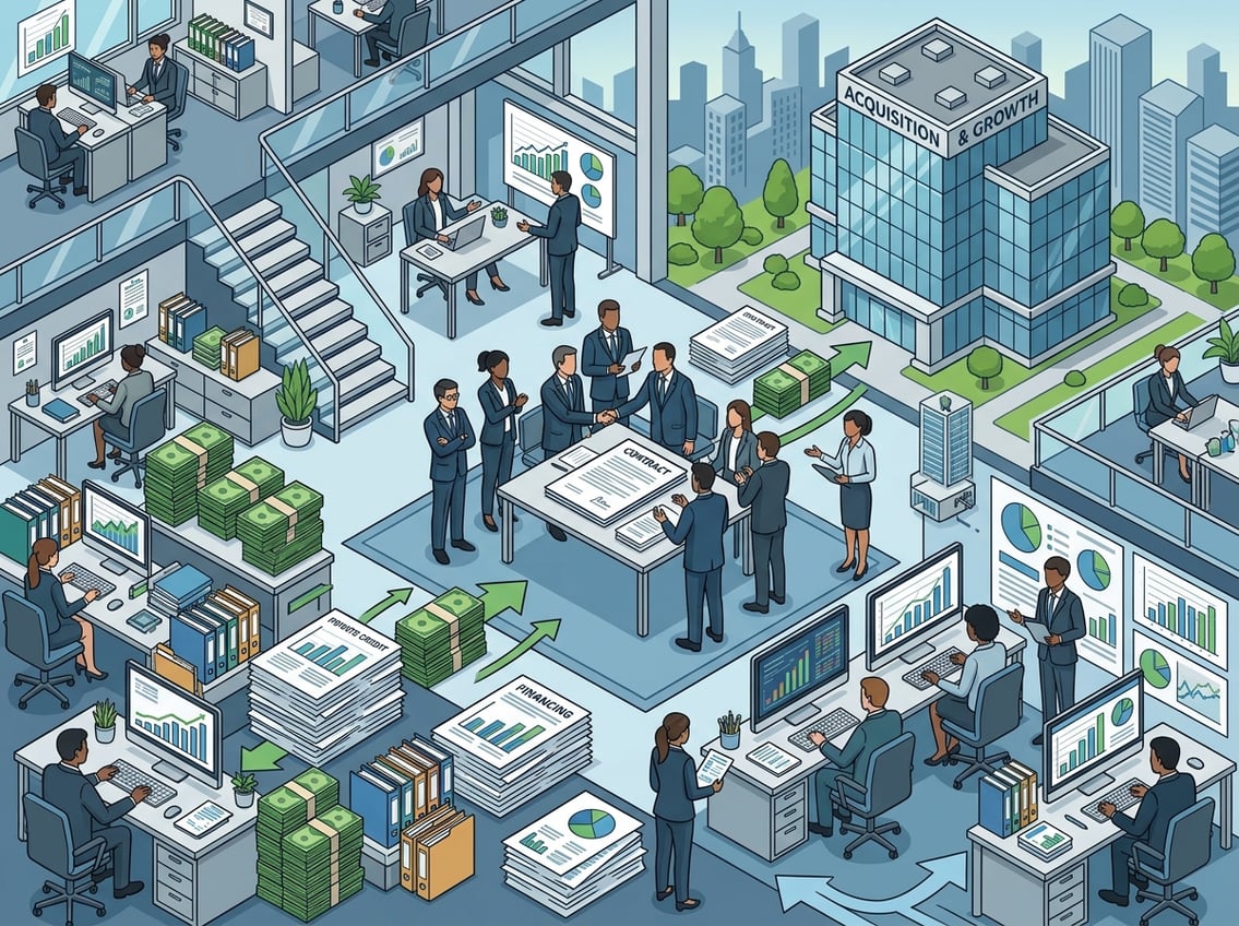 Business professionals shaking hands over a contract in an office with financial documents, money stacks, and charts, symbolizing a business acquisition and financing.