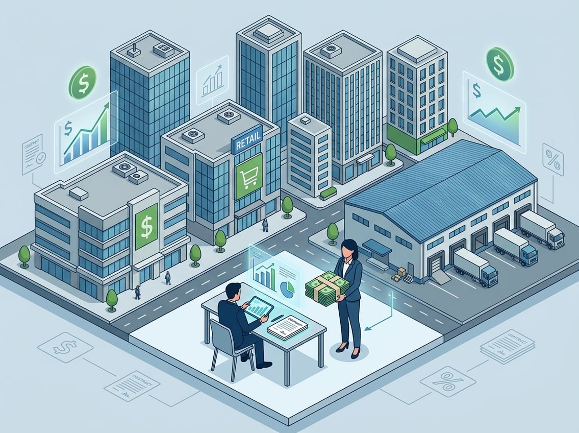 A businessperson reviewing documents while a bank representative hands over loan papers in front of commercial buildings in a city.