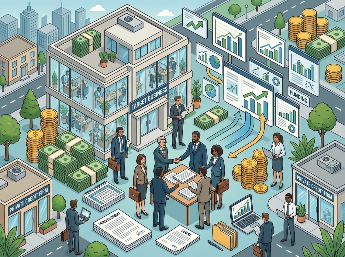 An isometric illustration of business professionals exchanging contracts near an office building surrounded by coins and financial documents, representing a business acquisition and credit funding.