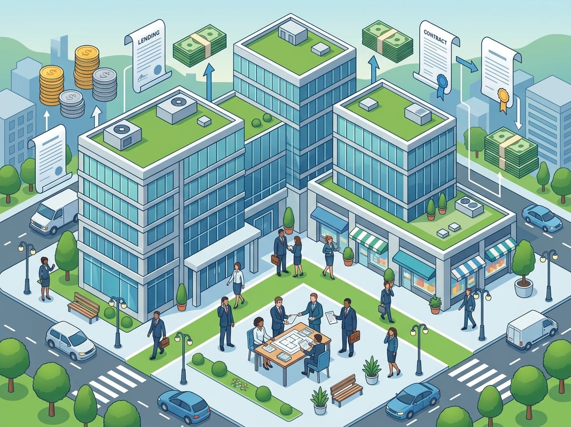 An isometric view of a commercial building complex with business people exchanging documents and financial symbols like coins and bills floating nearby, representing real estate refinancing.
